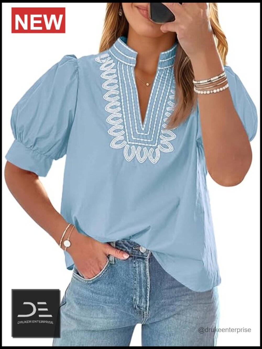 Puff Short Sleeve Blouse Embroidery V Neck Loose Fit Summer Casual Dressy Tee